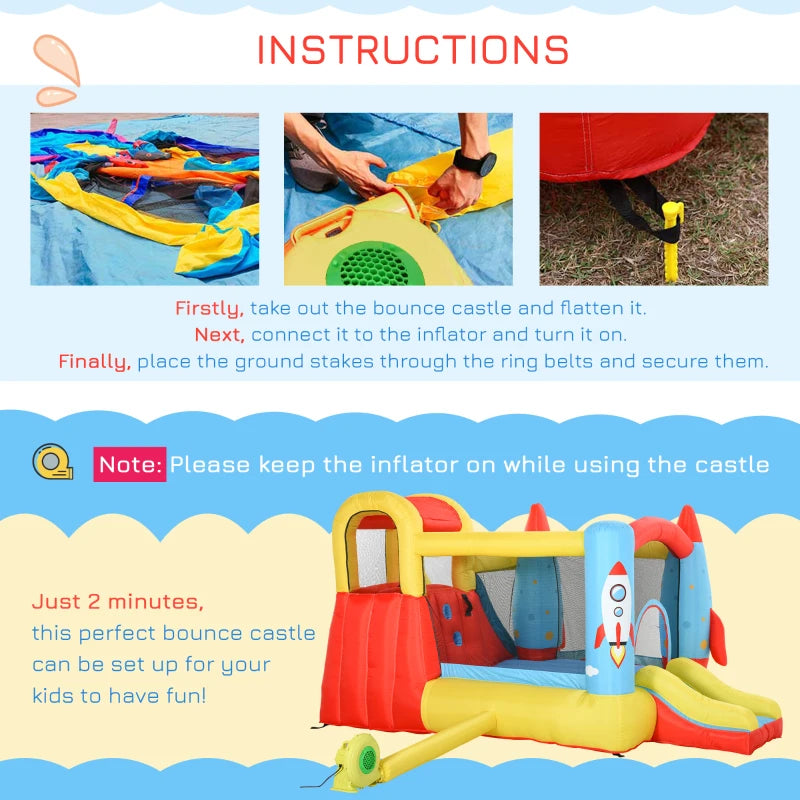 Inflatable Bounce Castle Trampoline Slide Pool Rocket Design 3.4m x 2.8m x 1.85m for Kids Outdoor Fun