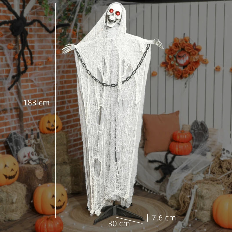 183 cm Life Size Animated Grim Reaper Skeleton with Glowing LED Eyes - Scary Halloween Decoration, Battery Operated Indoor Party Prop