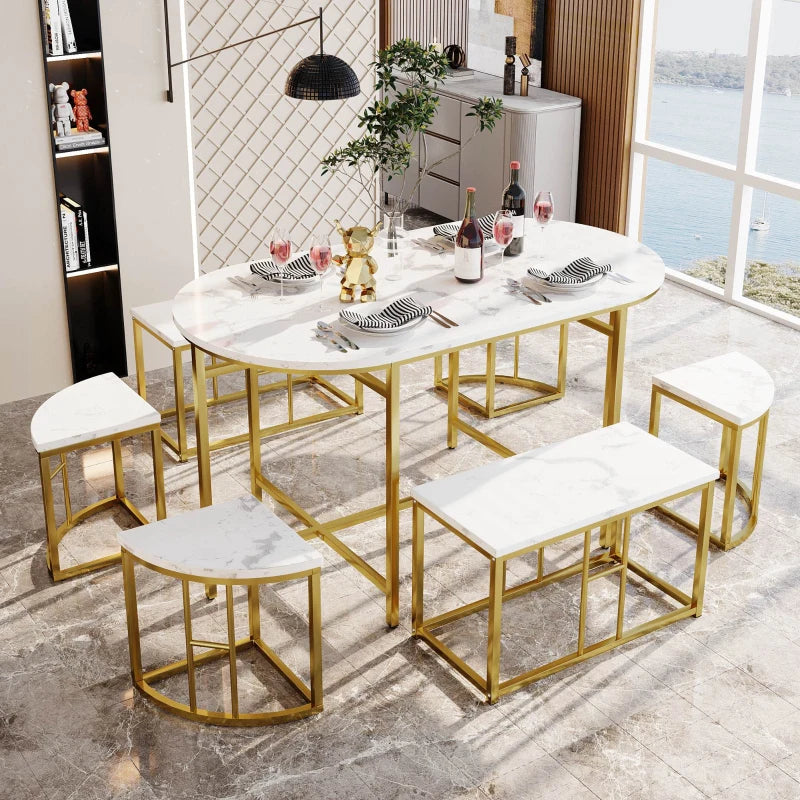 Modern Luxury Rattan 6-Seater Dining Table Set with Cushioned Chairs & Gold-Plated Iron Frames - Elegant Home Furniture