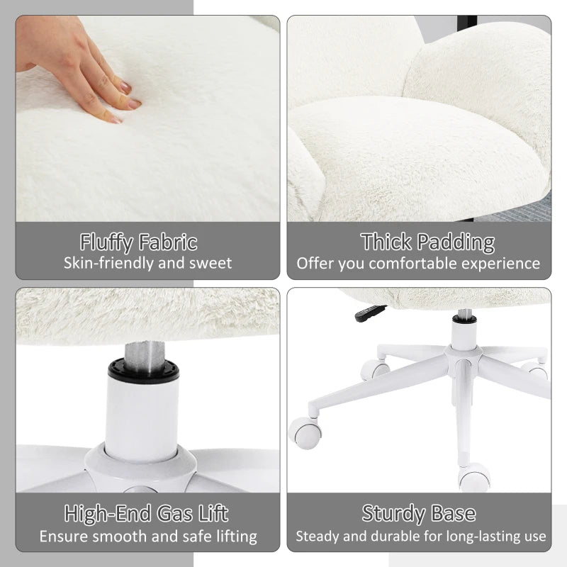 Cute Fluffy Makeup Vanity Chair with Rolling Wheels - Cream White Desk Chair for Bedroom & Living Room Decor