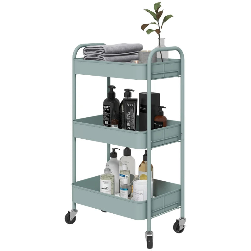 Light Blue Three-Tier Steel Storage Trolley - Durable, Stylish Organizer for Home, Office, Kitchen & Garage