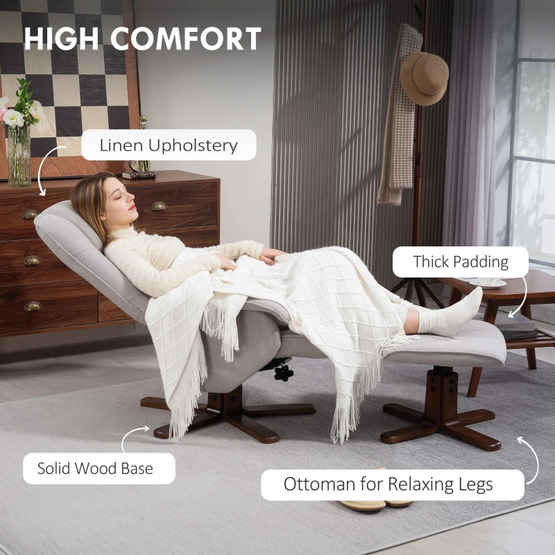 Linen Swivel Recliner Chair with Footstool - Upholstered Armchair with Wooden Base for Living Room in Light Grey