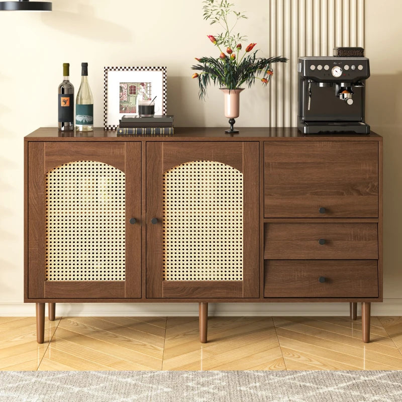Country-Style Rattan Door Sideboard with Adjustable Shelves - Natural Wood Cabinet for Living Room & Hallway, 130x40x75.5 cm