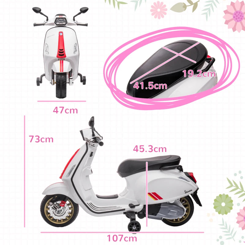 Licensed 12V Kids Electric Vespa Motorbike with Music Headlights FM Radio for Ages 3-6 White