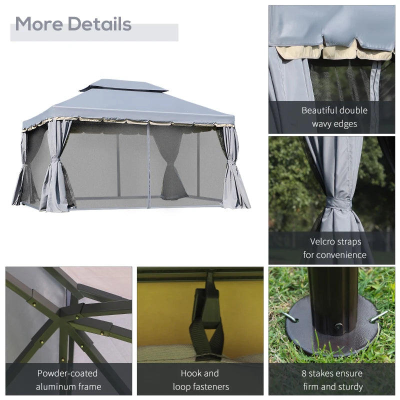 Aluminium 3x4m Garden Gazebo Canopy Shelter with Nets and Curtains for Outdoor Parties Grey