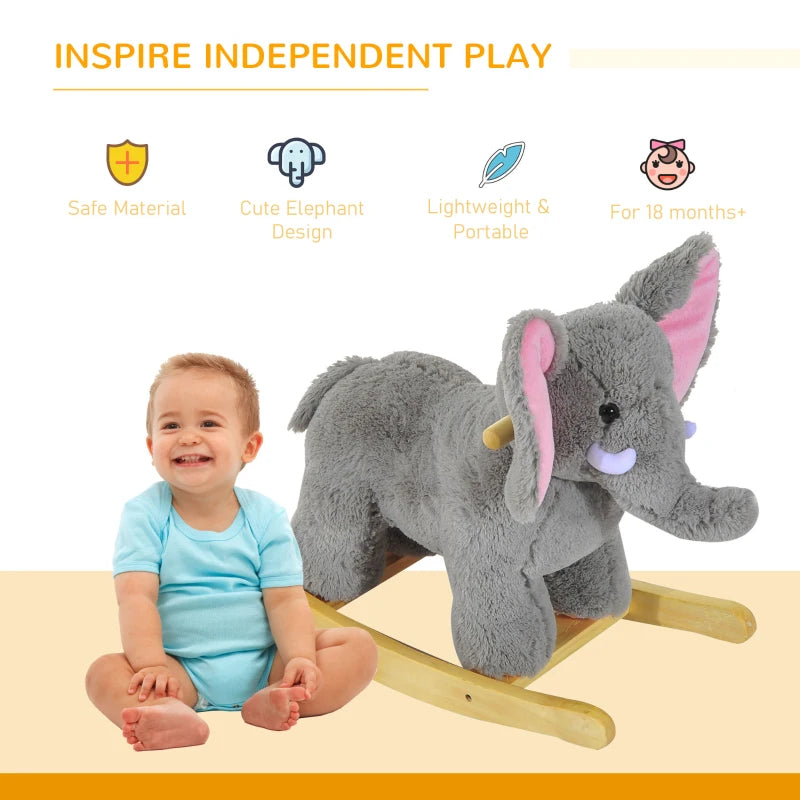 Kids Grey Elephant Rocking Horse Plush Ride-On Animal - Traditional Wooden Rocker with 32 Nursery Rhymes - Perfect Gift!