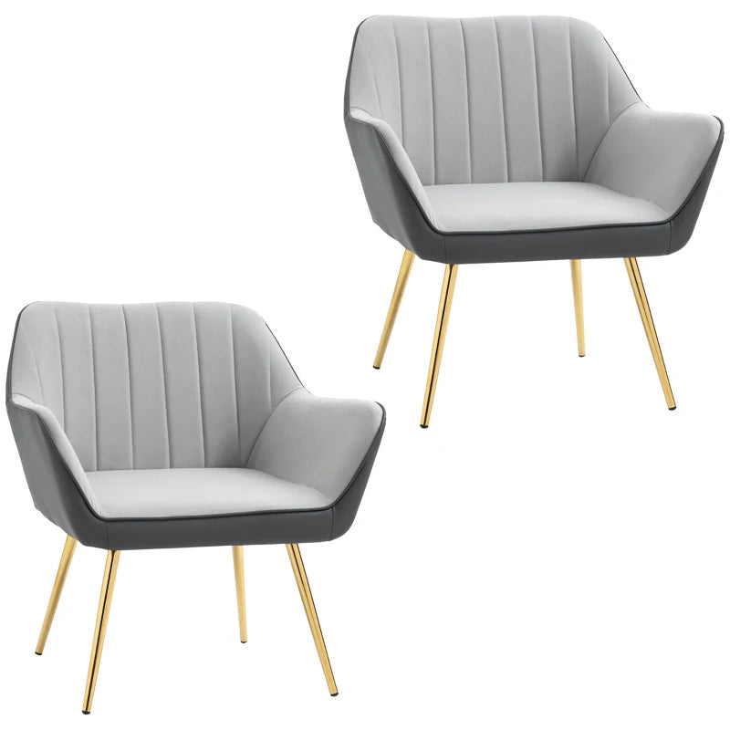 Set of 2 Velvet Accent Chairs with Gold Legs for Modern Living Room and Bedroom, Light Grey Upholstery