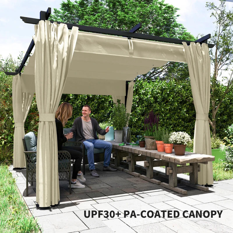 3 x 3 m Beige Retractable Roof Pergola with Curtains