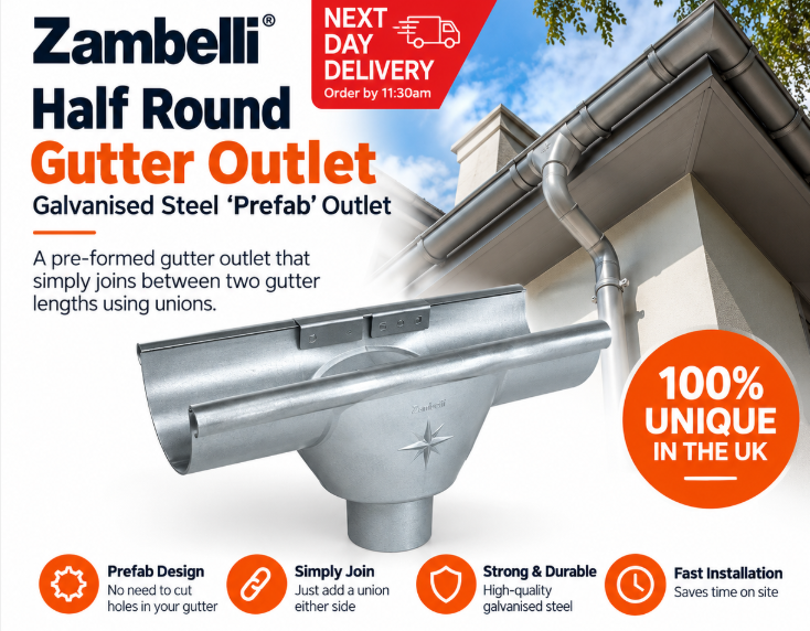Zambelli 115mm Half Round Galvanised Steel 60mm 'prefab' Gutter Outlet