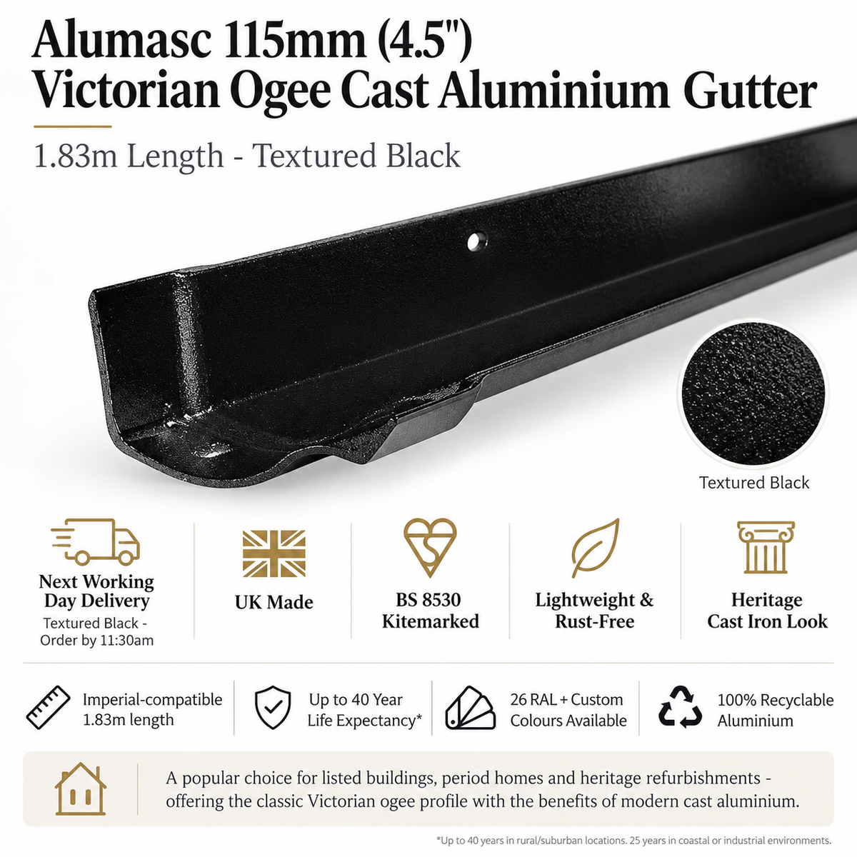 Alumasc 115mm (4.5") Victorian Ogee Cast Aluminium Gutter 1.83m length - Textured Black