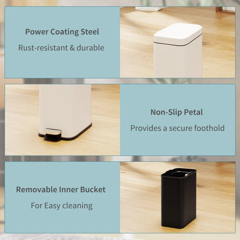 5L Rectangular Compact Steel Trash Can with Removable Bucket & Quiet-Close Lid - Ideal for Home, Office, Bathroom, Living Room - Clean White