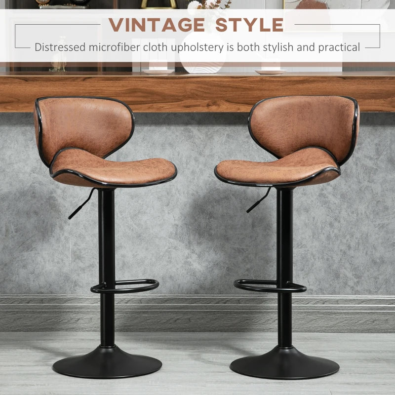 Adjustable Height Bar Stool Set of 2 - Brown Microfiber Swivel Armless Chairs for Kitchen & Dining