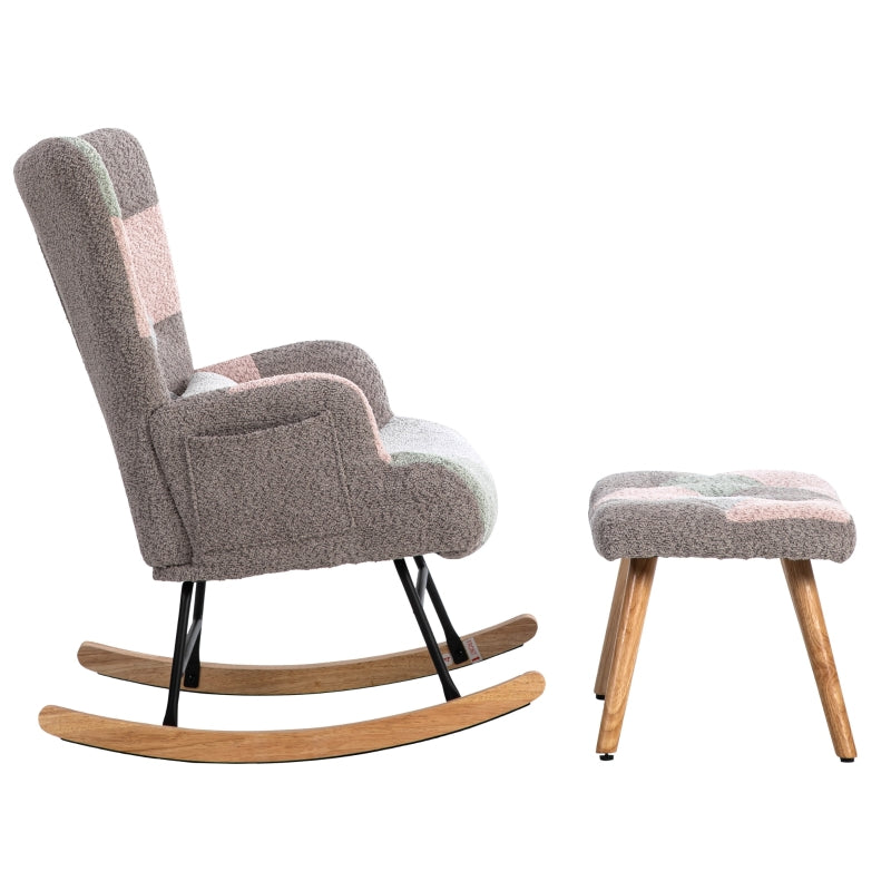 Stylish Rocking Garden Chair Set with Footstool and Pillow, Wingback Design, Solid Wood Legs, Blue and Grey