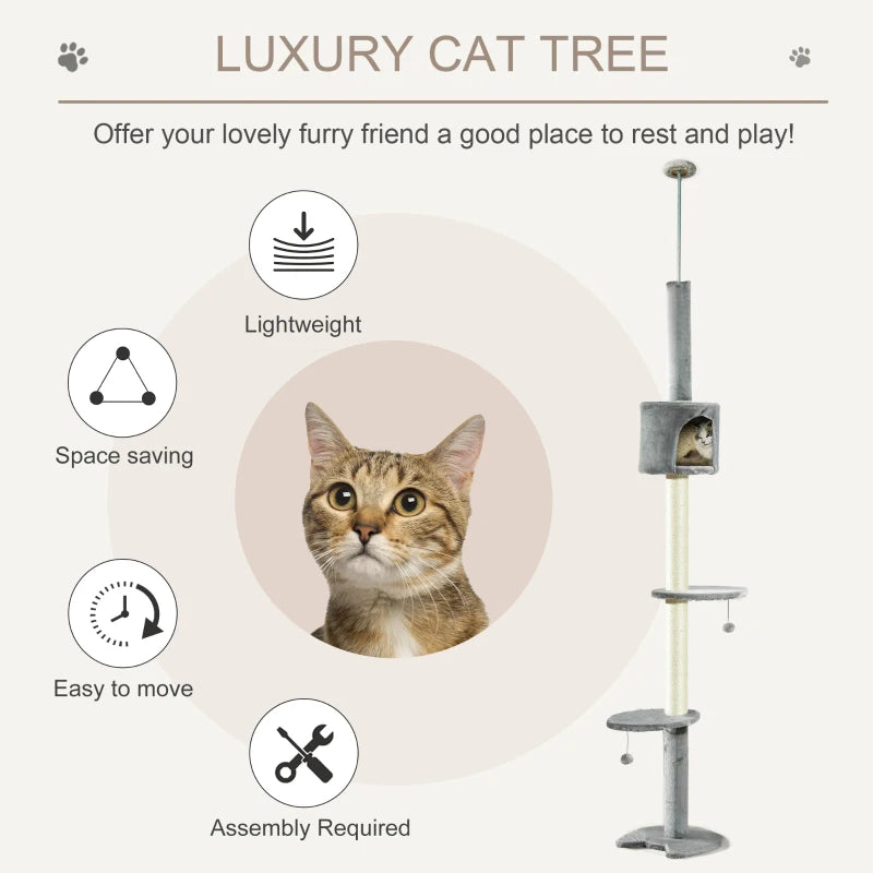 Light Grey Floor to Ceiling Cat Tree - Multi-Layer Condo & Activity Center for Indoor Cats with Scratching Post & Hanging Balls