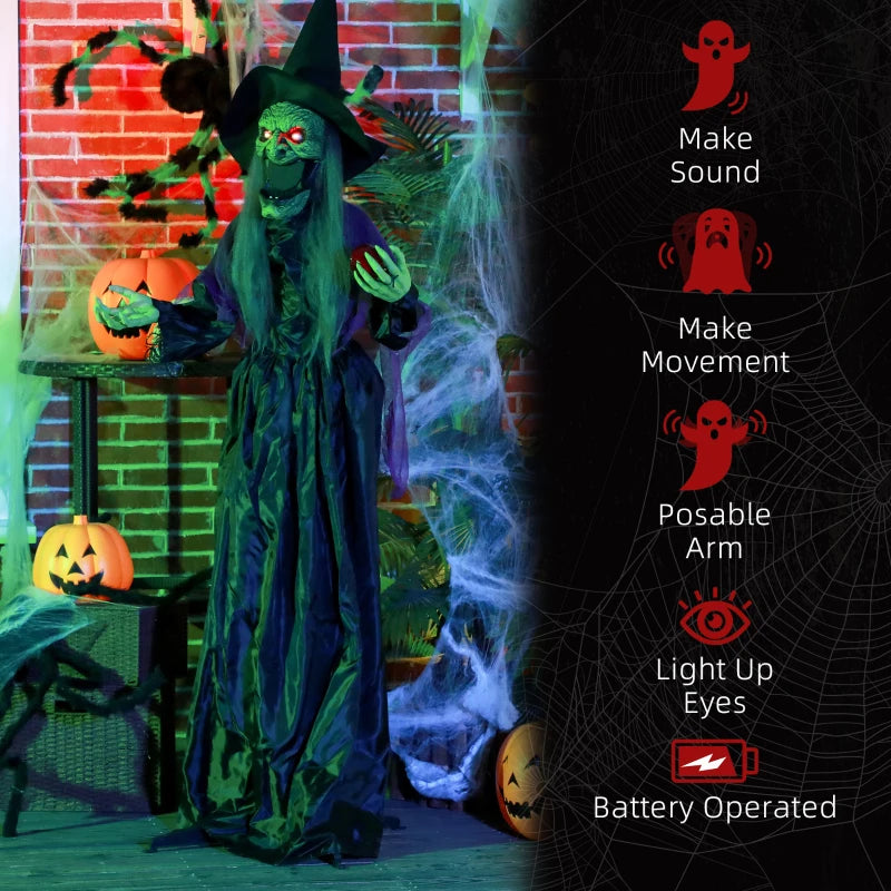 180 cm Life Size Animated Halloween Witch with Glowing LED Eyes - Spooky Battery Operated Standing Decoration