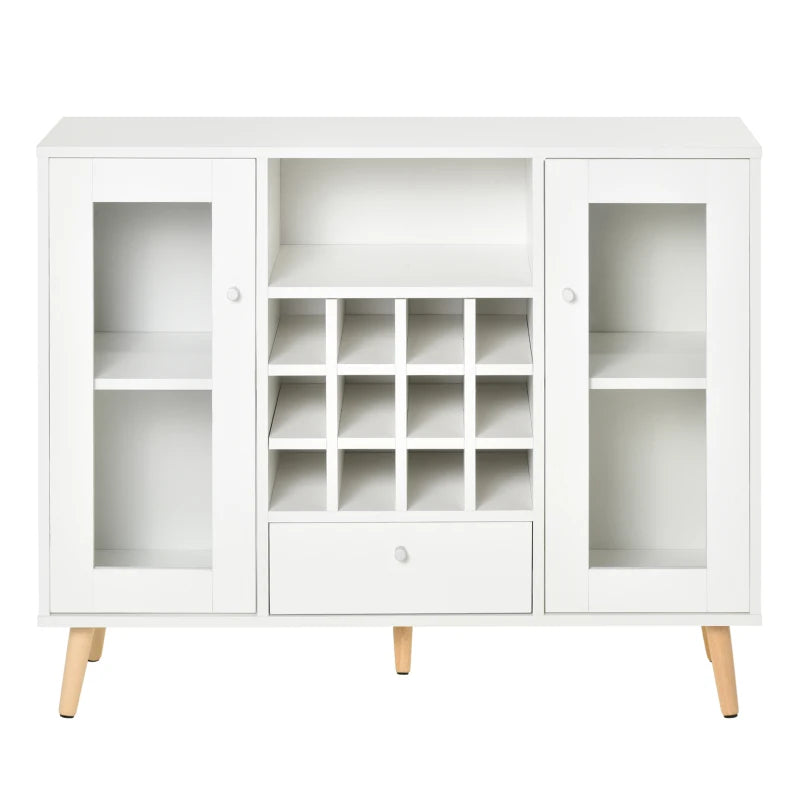 Modern White Sideboard Storage Cabinet with Glass Doors, Drawer & 12-Bottle Wine Rack for Kitchen, Dining & Living Room