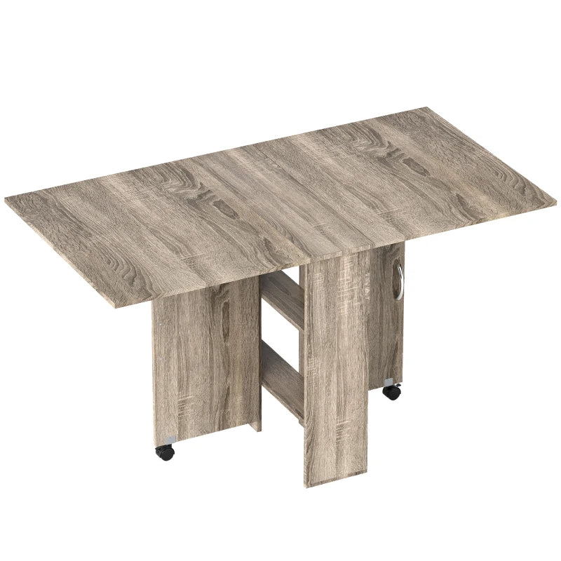 Folding Drop Leaf Dining Table with 2-Tier Shelves & Rolling Casters - Space-Saving Grey Table for Kitchen & Small Spaces