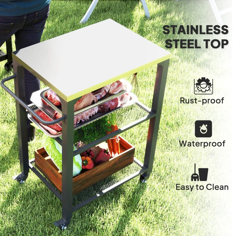 Three-Shelf Outdoor Grill Cart with Stainless Steel Top & Wheels - Movable BBQ Kitchen Island with Hooks, 65.5x41x79 cm