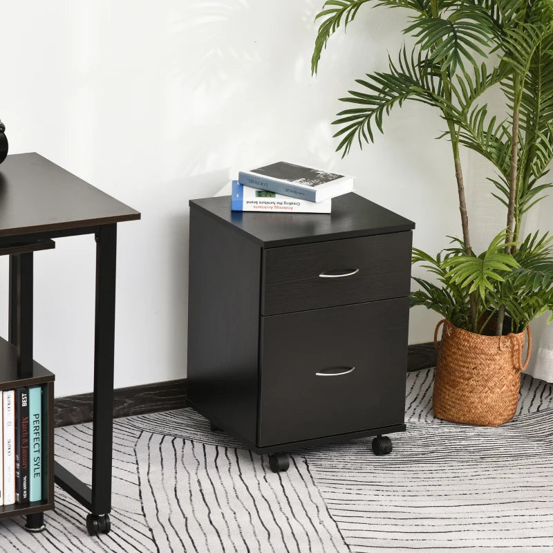 Stylish Black Wood Grain Two Drawer Filing Cabinet on Wheels - Perfect for Home Office Organization