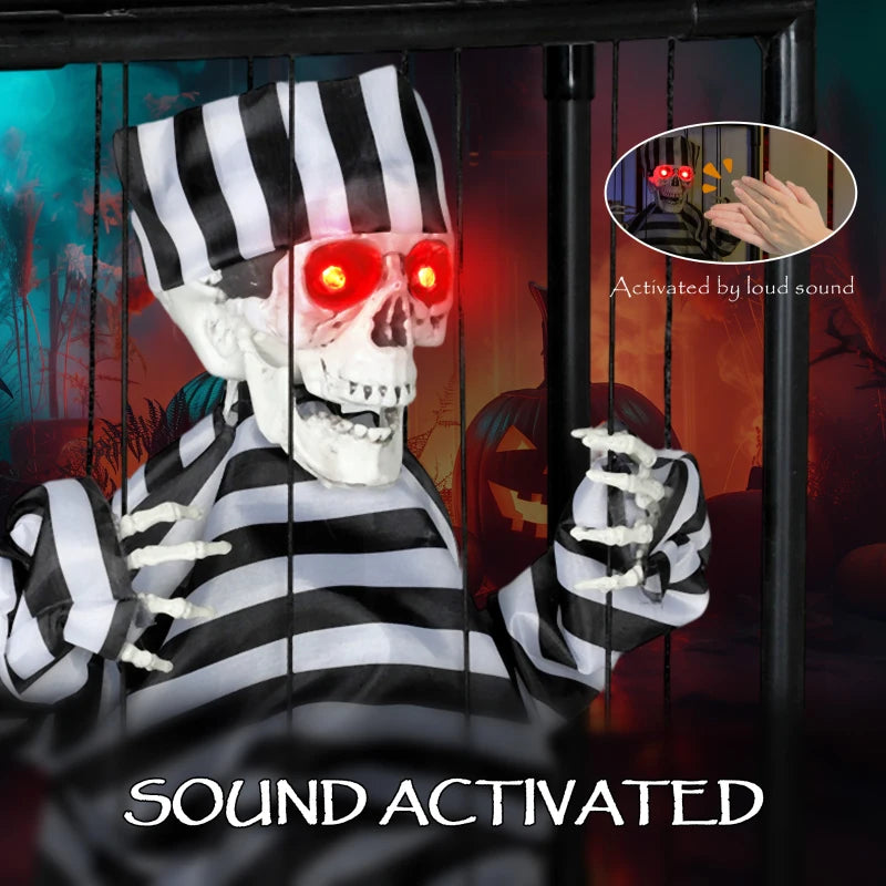 Halloween Animated Skeleton Prisoner in Cage with Glowing LED Eyes - Spooky Battery Operated Indoor Decorations for Parties