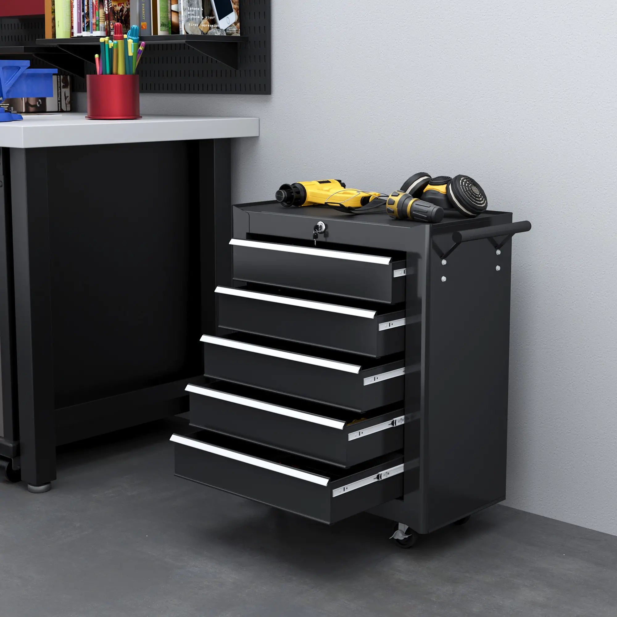 5-Drawer Tool Chest With Wheels - Steel Lockable Tool Storage Cabinet with Handle, 2 Keys for Garages & Workshops