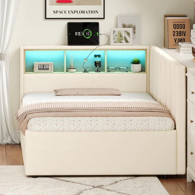 Compact Linen Daybed with Storage Drawers LED Headboard and Charging Station Beige Sofa Bed