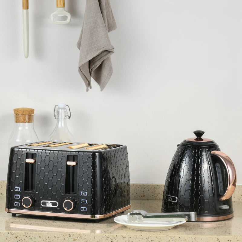 1.7L 3000W Fast Boil Kettle & 4 Slice Toaster Set - Black, 7 Browning Controls, Crumb Tray, Kitchen Essentials