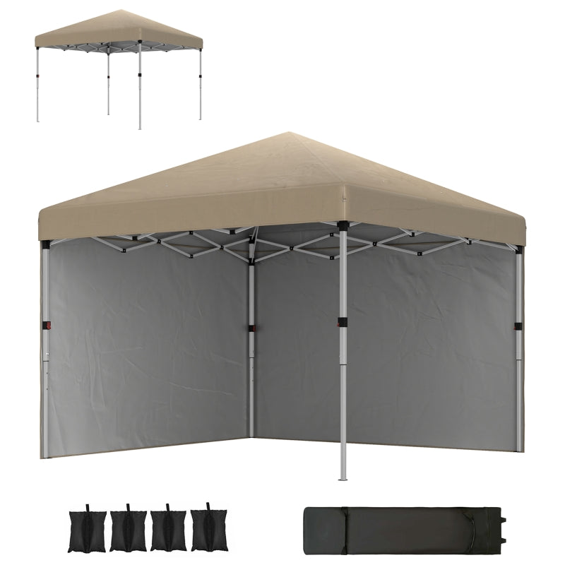 3x3m Khaki Pop Up Gazebo with UPF 30+, 2 Sidewalls, Leg Weight Bags & Wheeled Bag - Height Adjustable Party Tent for Garden & Patio