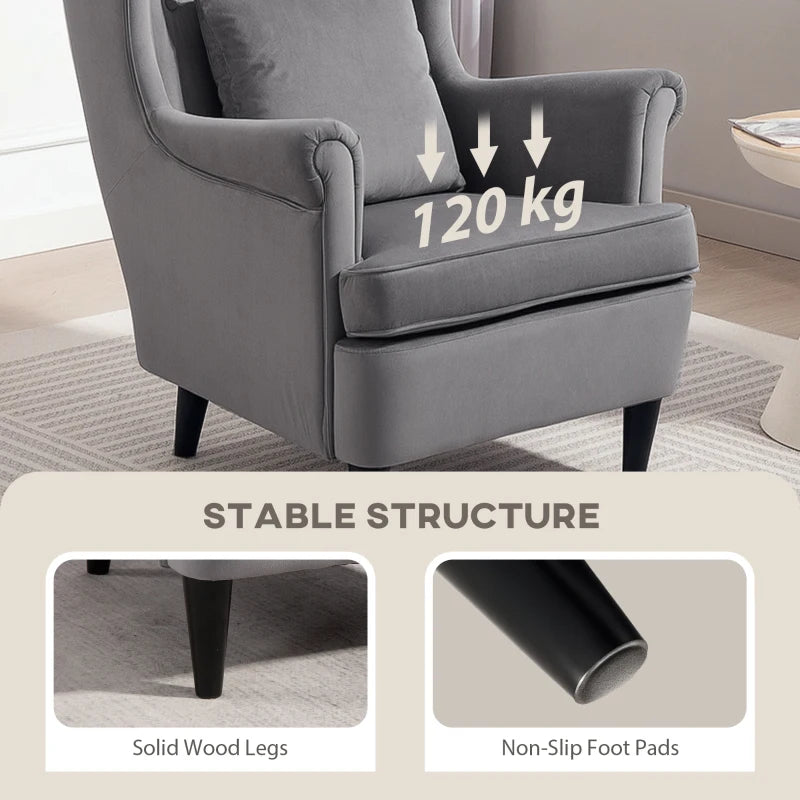 Stylish Upholstered Wingback Armchair with High Backrest and Pillow for Living Room or Bedroom in Dark Grey