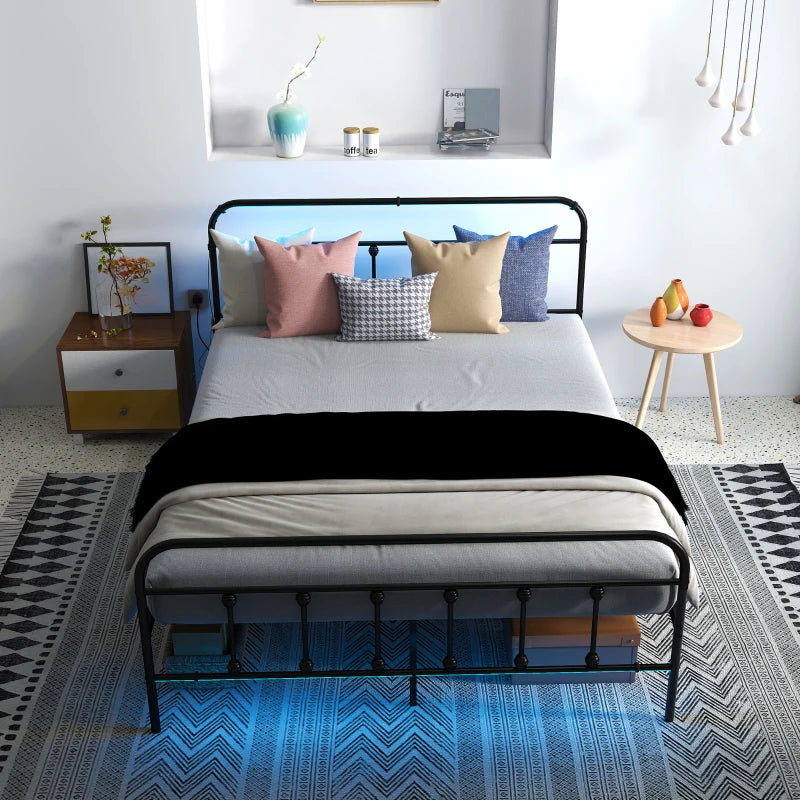 Modern Black Double Bed Frame with LED Lights & Charging Station, Metal Platform Design with Under Bed Storage