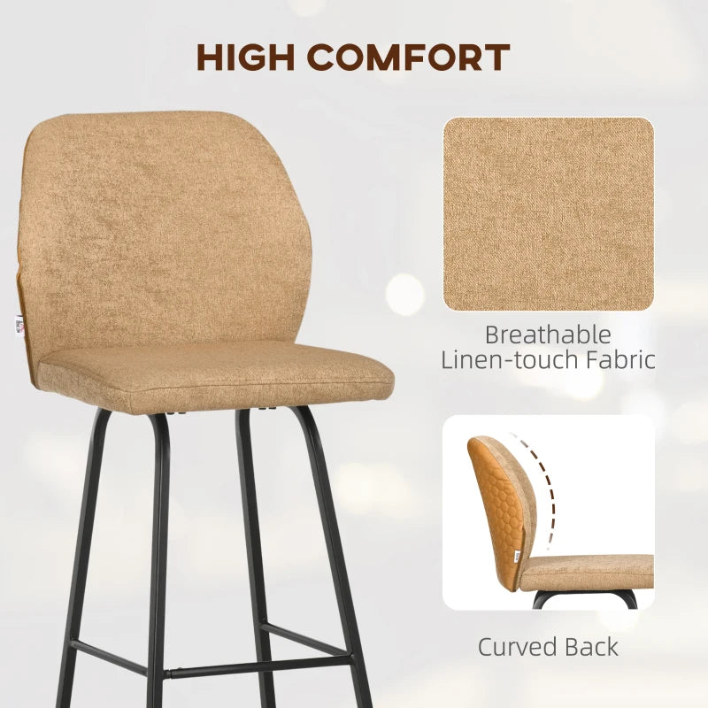 Set of 4 Linen-Touch Upholstered Bar Stools with Backs, Steel Legs - Light Brown Kitchen Chairs for Dining Room
