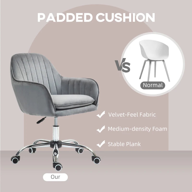Stylish Grey Velvet Swivel Office Chair with Adjustable Height & Rolling Wheels - Perfect for Home, Work, or Study