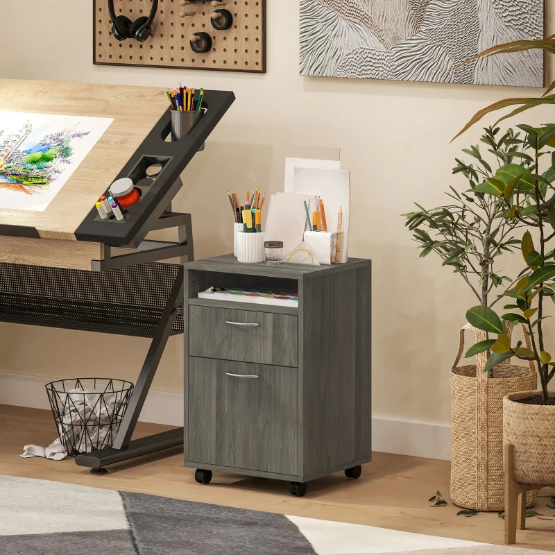 60cm Mobile Filing Cabinet with Drawer & Open Shelf, Grey Office Organizer on Wheels, Ideal for Home & Printer Storage