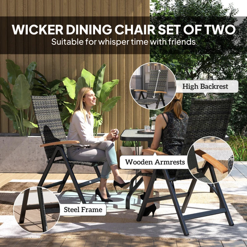 2-Piece Folding Rattan Garden Dining Chairs Set - 5-Level Reclining High Back, Wood Armrests, Outdoor Furniture - Mixed Grey