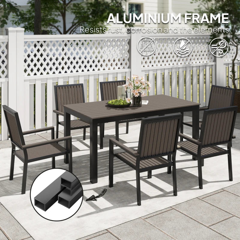 6 Seater Brown Garden Dining Set with Stackable Chairs, Rectangular Plastic Top, Aluminium Frame