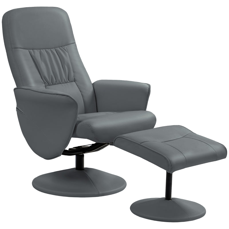 Stylish Grey Swivel Recliner Chair with Footstool - PU Leather Armchair for Living Room Comfort