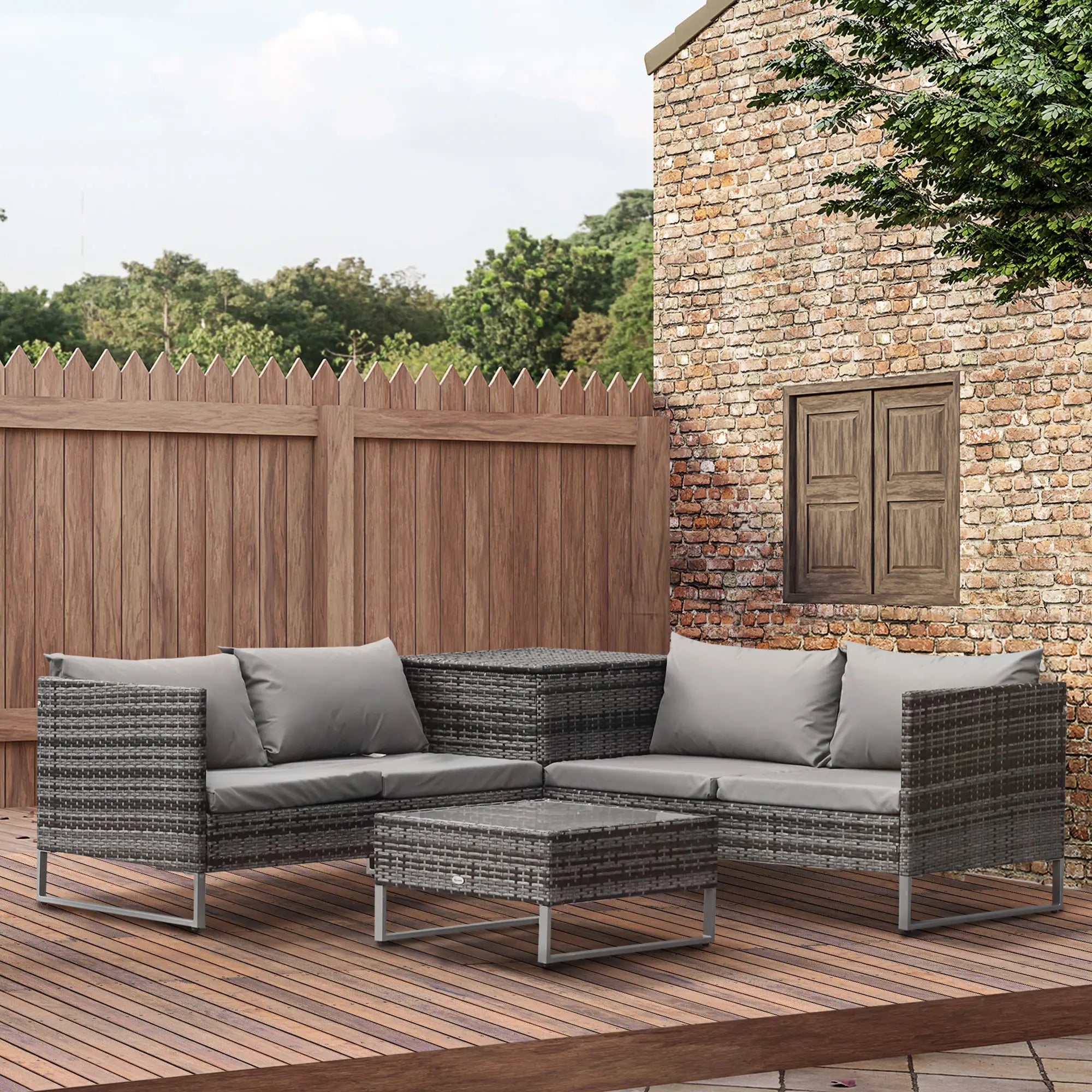 x2 Mixed Grey Rattan Sofas With Grey Cushions and Table Set with Side Storage - For Corner & Patio