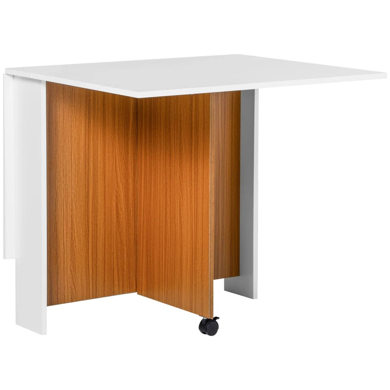Folding Dining Table & Writing Desk Workstation on Casters - Teak & White Finish for Versatile Home Use