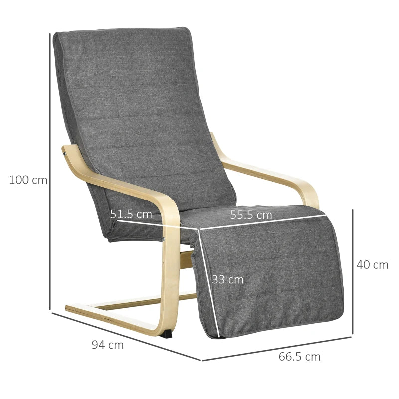 Wooden Lounging Chair for Deck Relaxation with Adjustable Footrest and Removable Cushion in Dark Grey