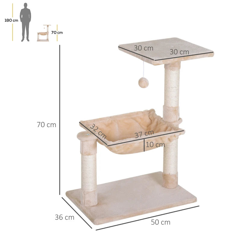 Beige Cat Scratch Post with Bed - Indoor Cat Tree & Hammock, Sisal Scratching Posts for Active Kittens