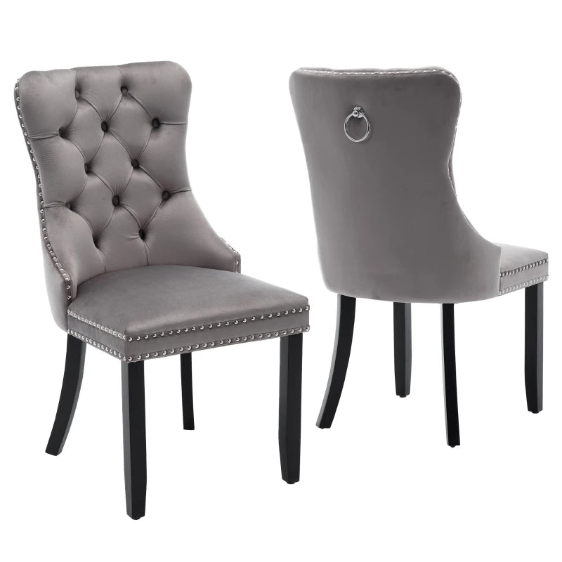 Set of 2 Grey Velvet Dining Chairs with Knocker Ring, Button Tufted Backrest & Rubber Wood Legs - Stylish & Comfortable