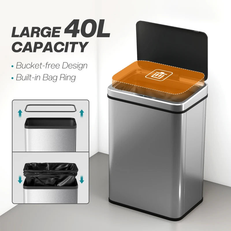 40L Touchless Sensor Bin with Soft-Close Lid - Fingerprint Resistant Stainless Steel Trash Can for Kitchen, Office & Gym - Silver
