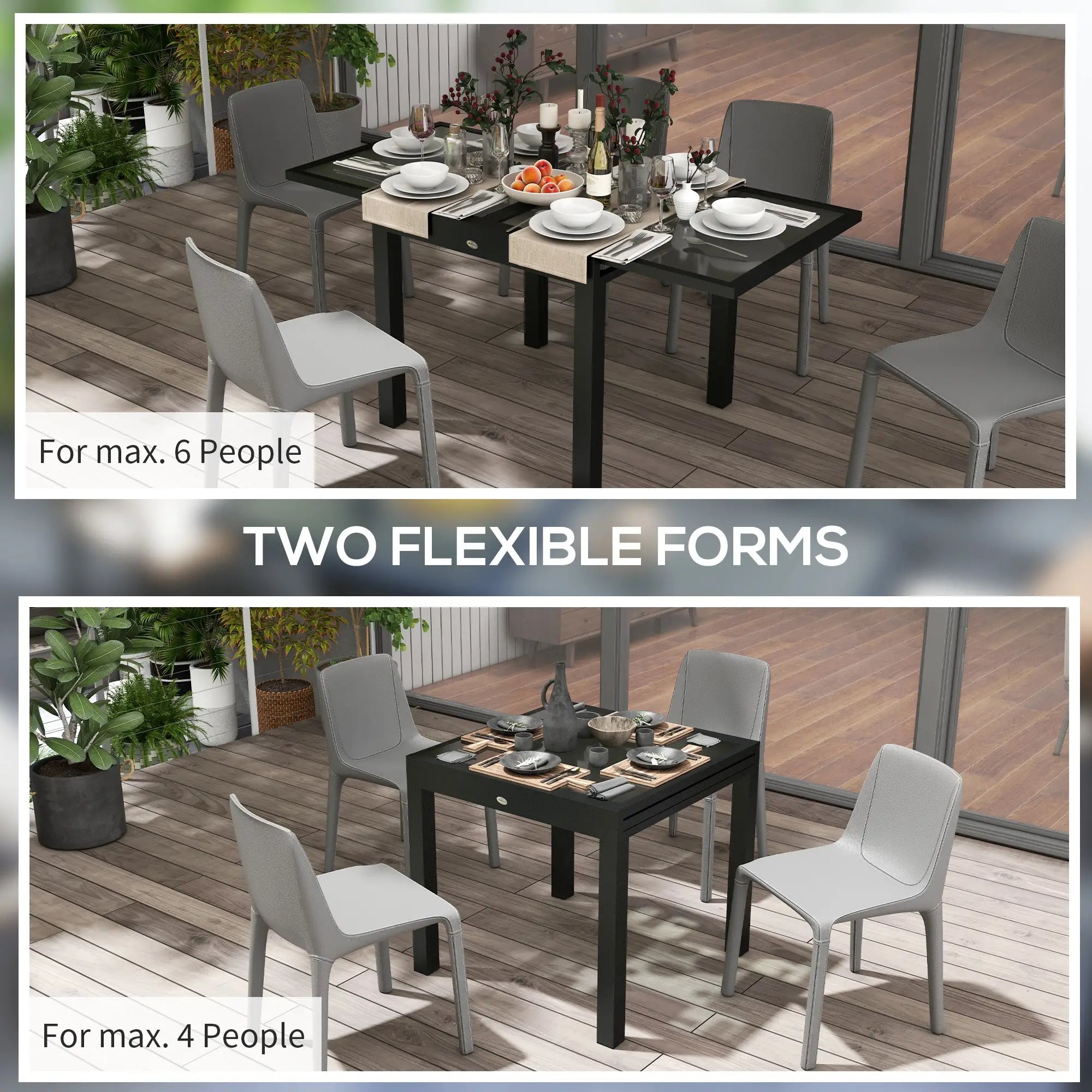 Black Frame Aluminium Extendable Garden Table - Tempered Glass Tabletop, 80/160 x 80 x 75 cm