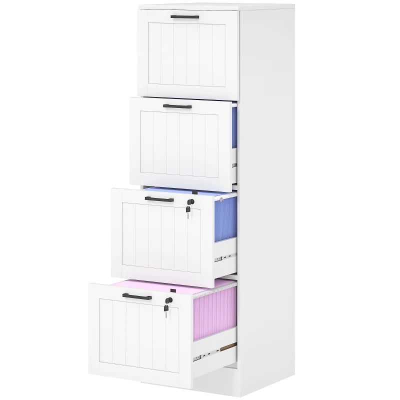 Secure 4 Drawer Filing Cabinet with Lock - Adjustable Hanging Bars for A4 Files - Stylish White Office Storage Solution