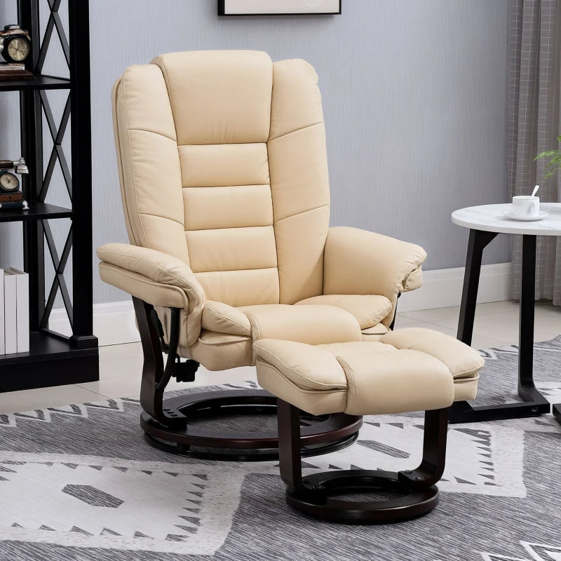 Beige Faux Leather Reclining Chair with Footstool - 135° Adjustable Comfort for Home or Office
