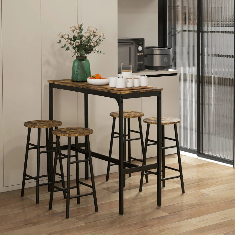 5-Piece Industrial Bar Table Set with 4 Stools - Rustic Brown Dining Table and Chair Set for Home or Kitchen