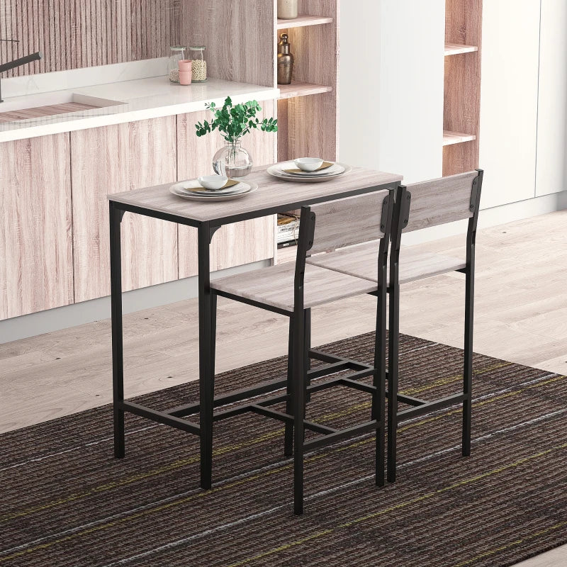 3-Piece Industrial Bar Table Set with 2 Stools, Footrest & Backrest - Perfect for Small Dining Spaces