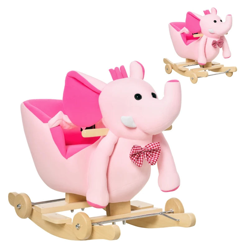 2-in-1 Plush Baby Rocking Horse Elephant with Wheels - Wooden Toy for Kids, 32 Songs, Ideal for 18+ Months (Pink)