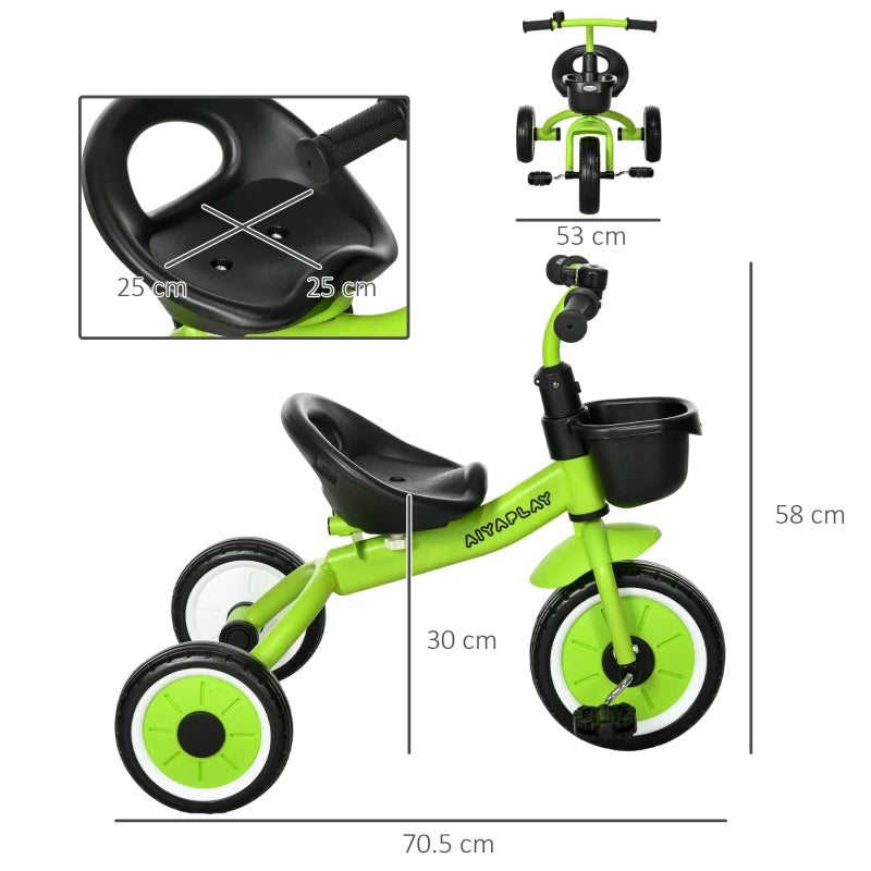 Adjustable Kids Tricycle with Basket and Bell for Ages 2-5 Years Green