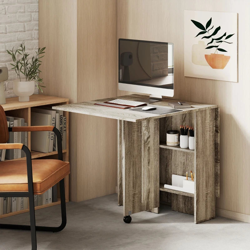 Folding Drop Leaf Dining Table with 2-Tier Shelves & Rolling Casters - Space-Saving Grey Table for Kitchen & Small Spaces